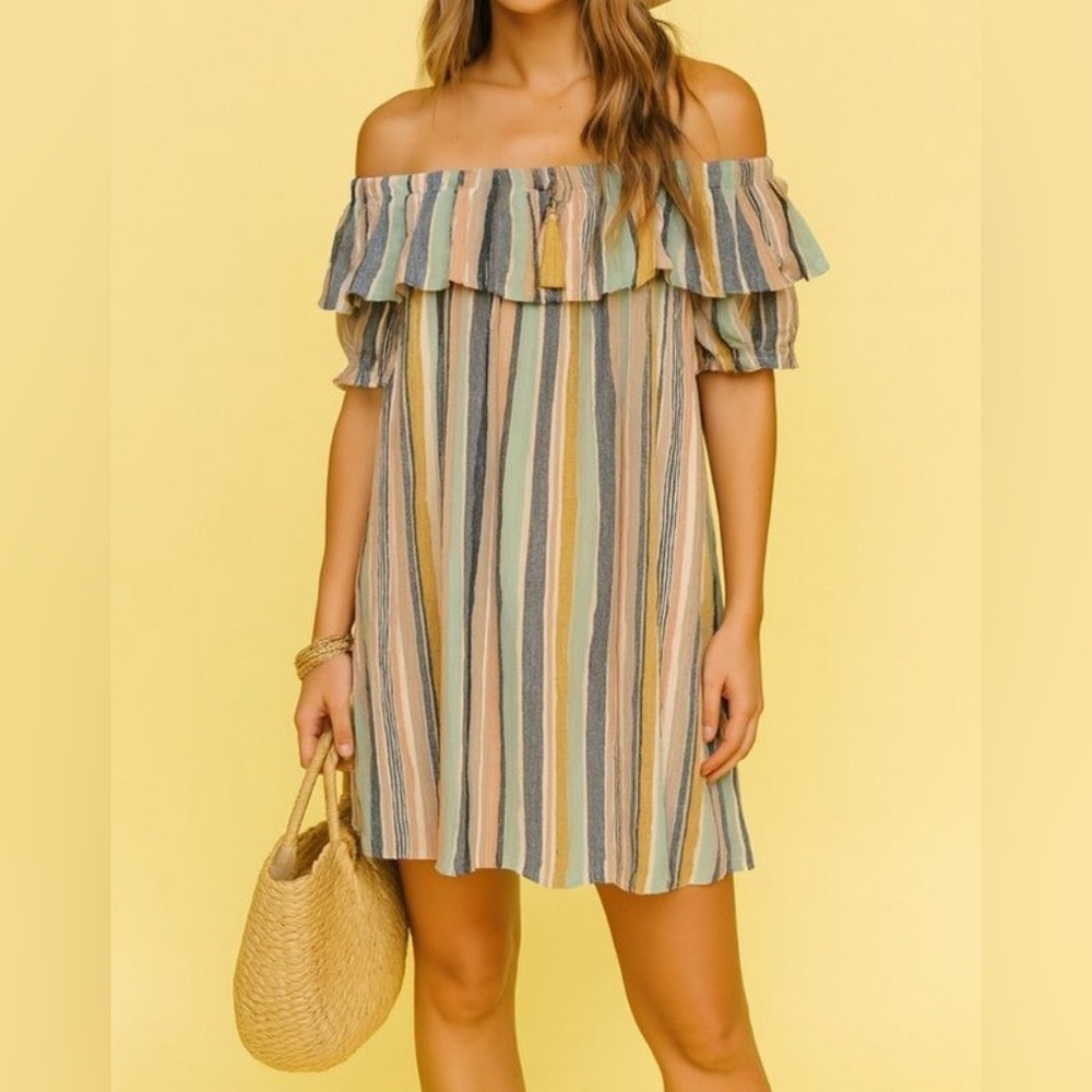 NEW Hem&Thread Womens Striped Ruffled Off‎ the Shoulder Dress sz S Beachy Boho